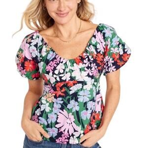 Old Navy Waist Defined Puff Sleeve Top Blue Floral Smocked Med